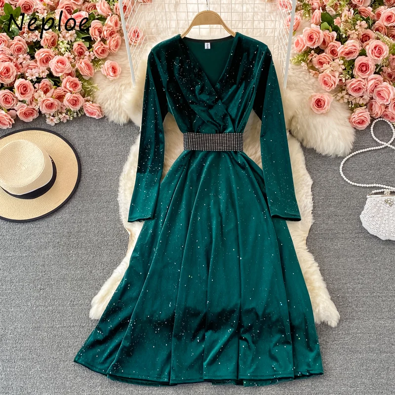 

Женское бархатное платье с V-образным вырезом, длинным рукавом и высокой талией