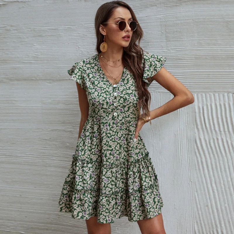 

Vintage Floral Printed Summer Dress Women V Neck Ruffles Beach Mini Dresses A Line Short Sleeve Boho Holiday Dress Clothes
