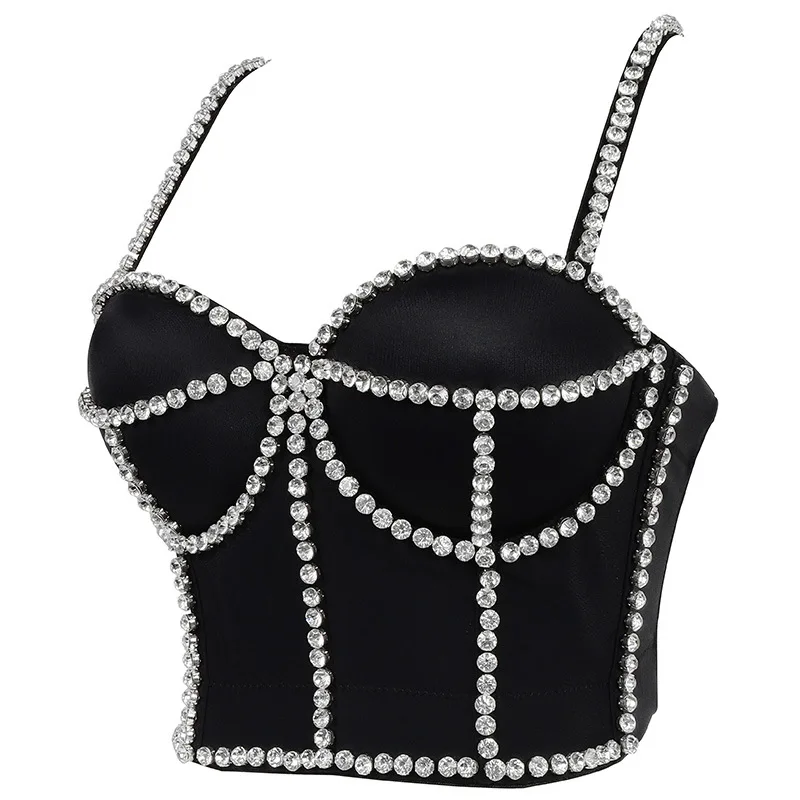 Fashion Spaghetti Strap Cropped Tops Vintage Backless Black Cami Top Party Club Celebrity Vest Caims Beading Bra