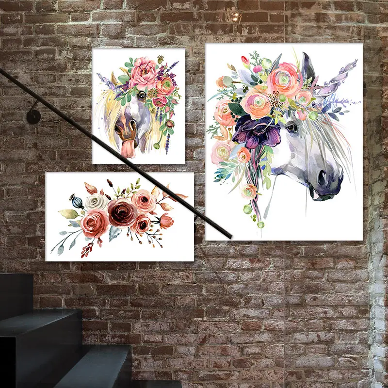 Винтажный стиль цветочный рисунок холст постер лошадь с цветком хижина