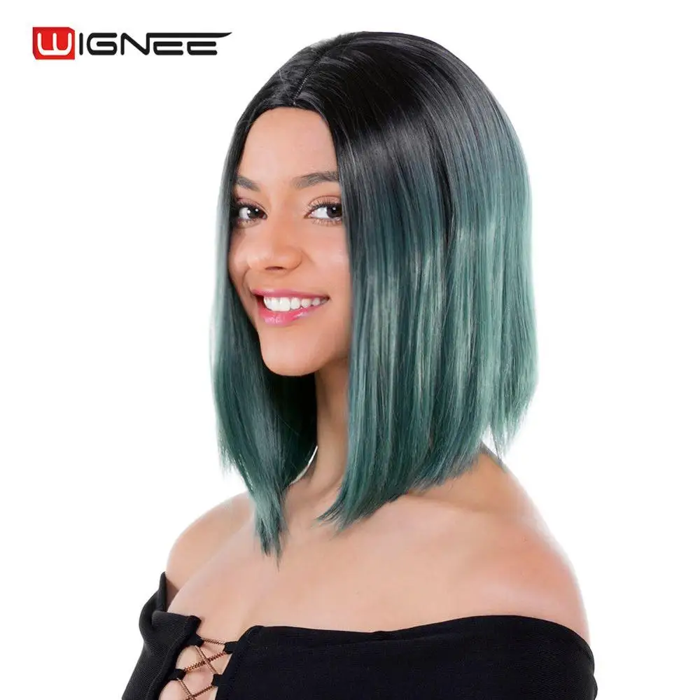 Парики Wignee из коротких прямых волос синтетические 2 тона с эффектом омбре зеленые