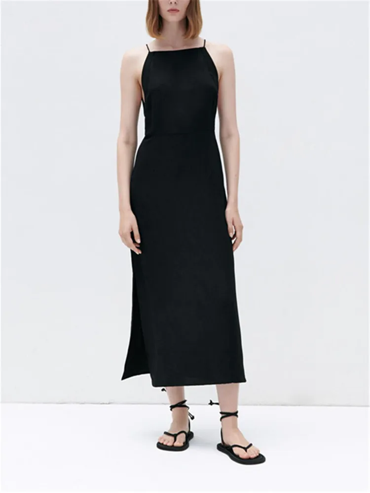 

Женское длинное платье на бретельках ZA, черное льняное платье с разрезом, лето 2021