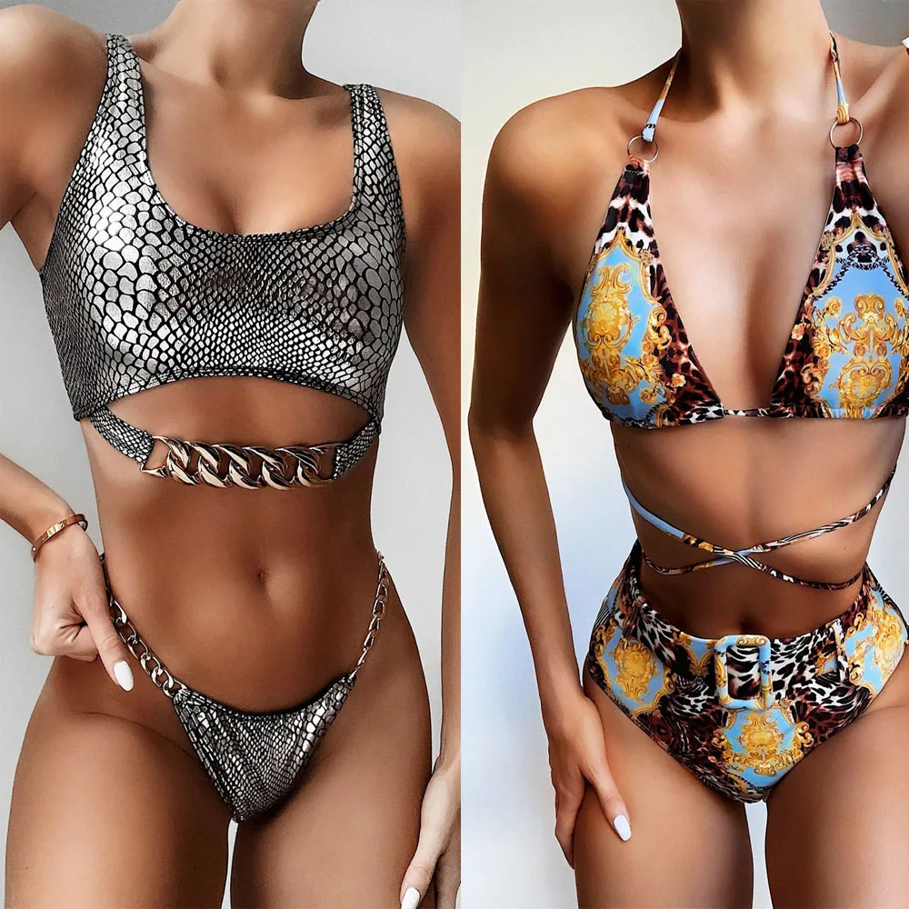 Винтажный комплект бикини с поясом и высокой талией принтом 2020 купальник-бандо