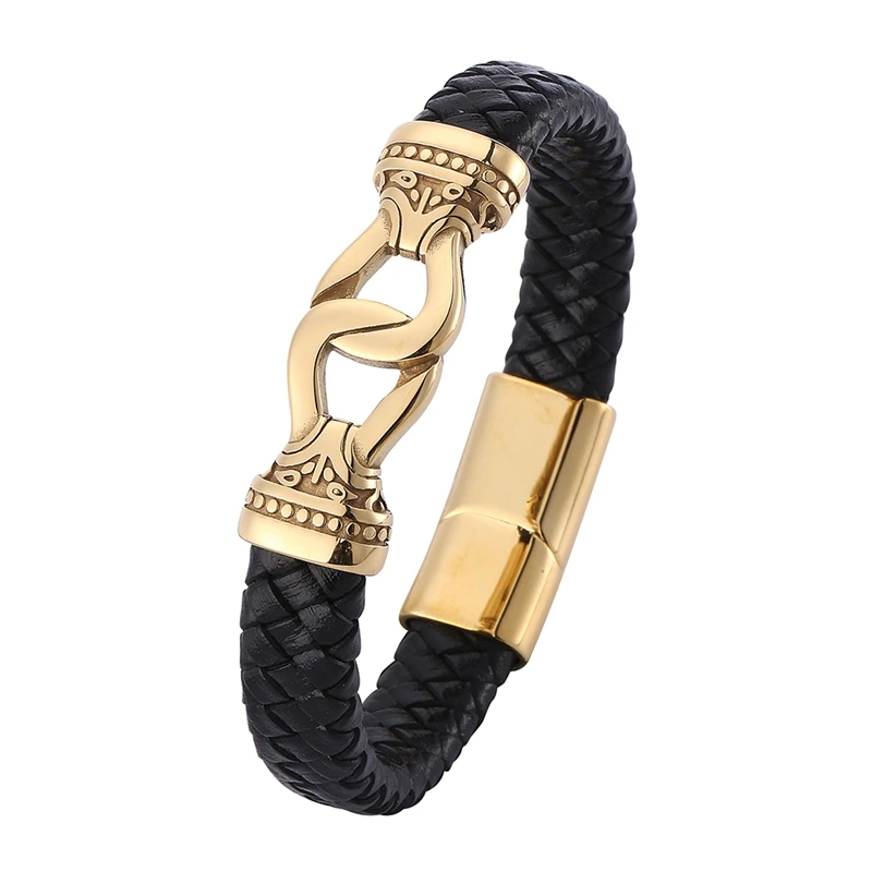 

Vintage Jewelry Men Black Braided Leather Bracelet Golden Stainless Steel Magnet Buckle Punk Bracelets Leather Wristband PD0752