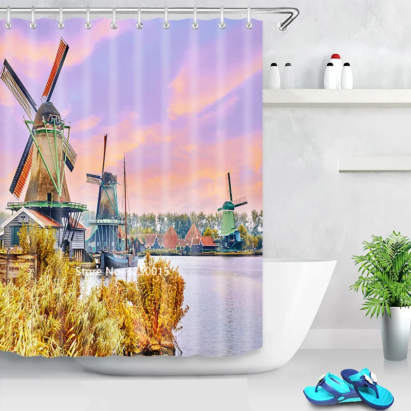 

New European and American Landscape Shower Curtain Bathroom Shower Room Waterproof and Mildew Proof with Hook Home Decoration
