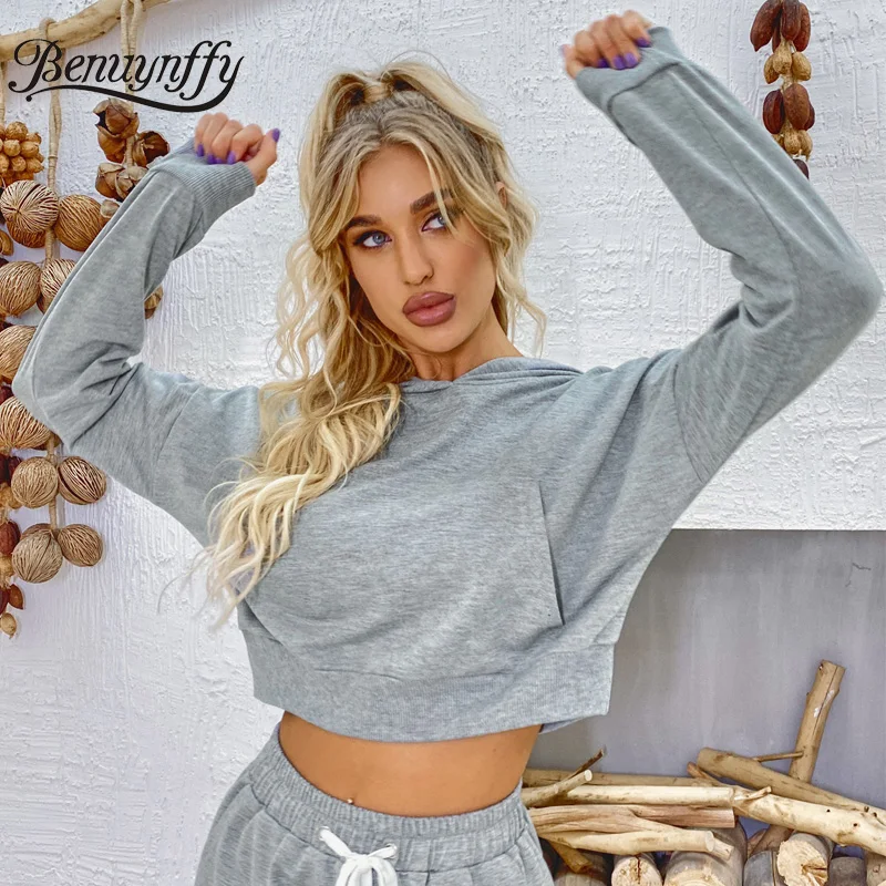 

Benuynffy Casual Drop Long Sleeve Cropped Hoodie Women 2020 Autumn Fashion Street style Ladies Hooded Pocket Crop Top Hoodies