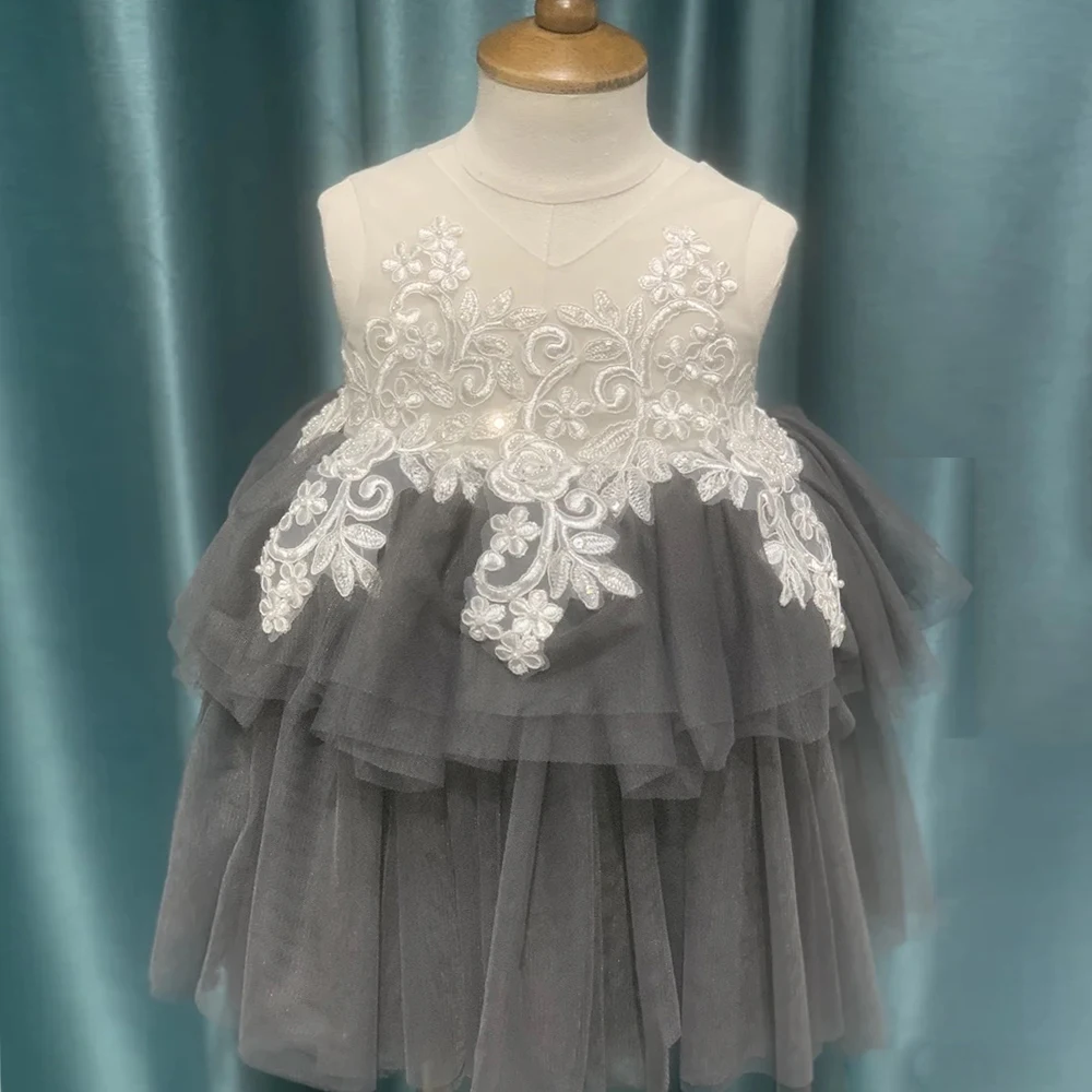 

Gray Applique Flower Girl Dresses 2022 New Baby Christmas Puff Party Prom Gowns Children Bead Birthday Dress платье для девочки