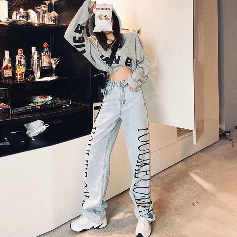 

Blue Graphic Jeans Denim Streetwear Pants Women High Waist Do Old Button Fly Loose Straight Leg Jeans Denim Trousers y2k Jeans