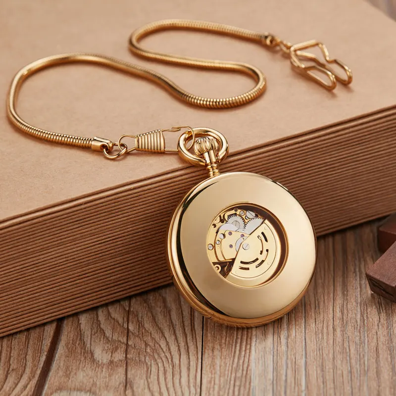 Antique Pocket Watch FOB Mechanical Vintage Golden Copper Men Women Engraved Fob Chain Automatic Retro Pocket Watches