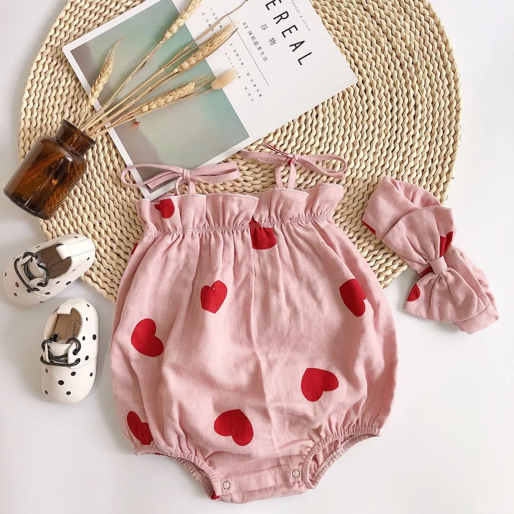 

Summer Baby Girl One-piece Kids Bodysuit Dress Headband Sling Short-sleeved Love Bodysuit Fart Clothes