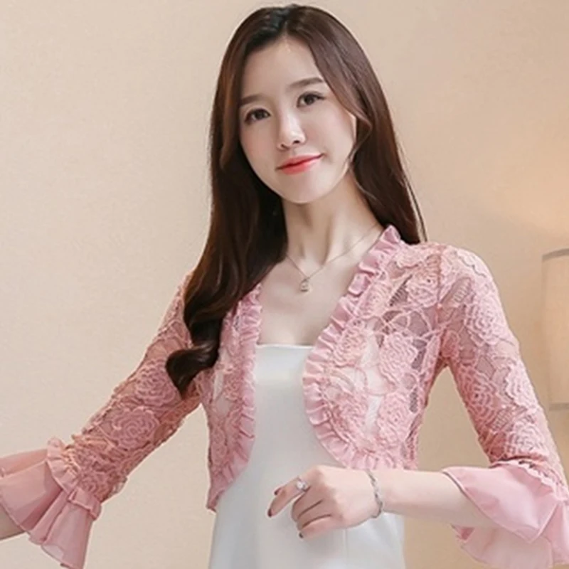 

Summer 2021 Lace Shirt Women Blouse Hollow Out Lace Crochet Short Tops Cardigan Shawl Waistcoat Vest Blusas Femininas