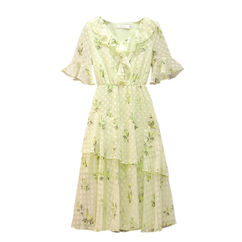

EHQAXIN Fashion Women's Summer V-Neck Short-Sleeved Chiffon Dress Korean Loose Floral Dress Female Hedging Lady Long Skirt L-4XL