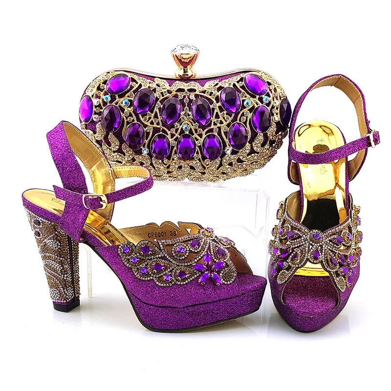 

doershow nice Shoes and Bag Set African Sets purple Color Italian Shoe Bag Set Decorated with Rhinestone High Quality SKV1-5