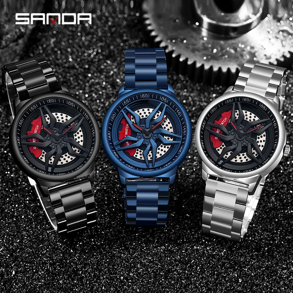 

SANDA Hot sell Fashion Luxury Men Watch Unique Rotating Wheel Dial Quartz Wristwatch Gift 360° Spinning Dial Relogio Masculino