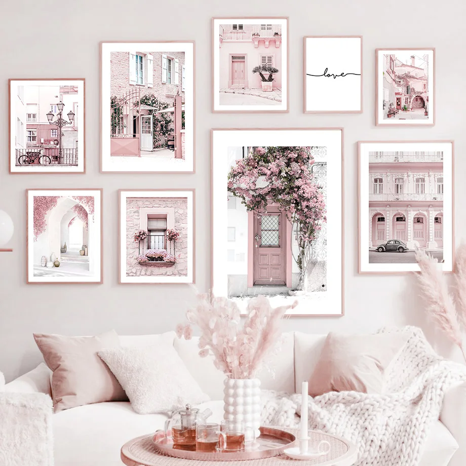 

Pink Street House Building Flower Vintage Nordic Posters And Prints Wall Art Canvas Painting Wall Pictures For Living Room Decor