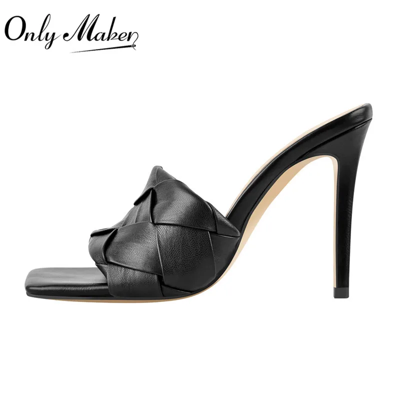 

Onlymaker Women's Square Toe Black Thin High Heels Slip On Sandals