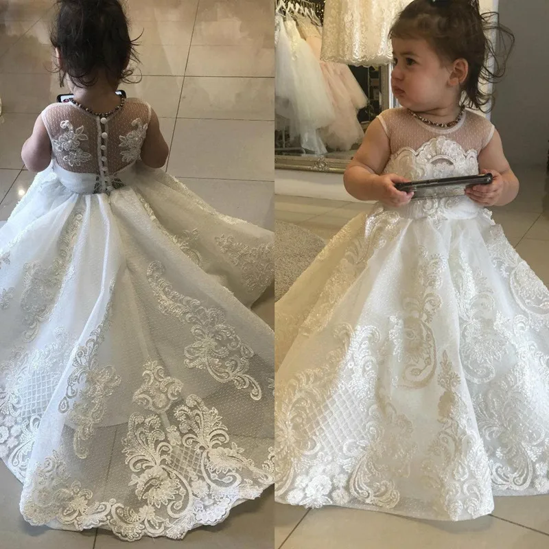 

New White Ivory Lovely Flower Girl Dresses for Weddings Jewel Neck Lace Buttons Back Kids Birthday Party Pageant Gowns Customize