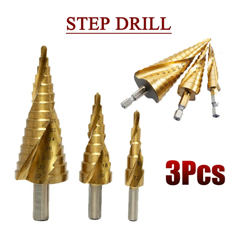 

3pcs 4mm-32mm Set Hss Spiral Pagoda Drill Bit Hole Opener Metal Hexagonal Shank/triangular Shank Stepped Taper Hole Cutter