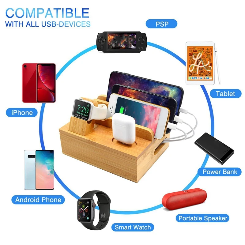 

Multifunction Bamboo Charging Dock Station Mobile Phone Holder Organizer Stand for iPhone //IWctch Tablet
