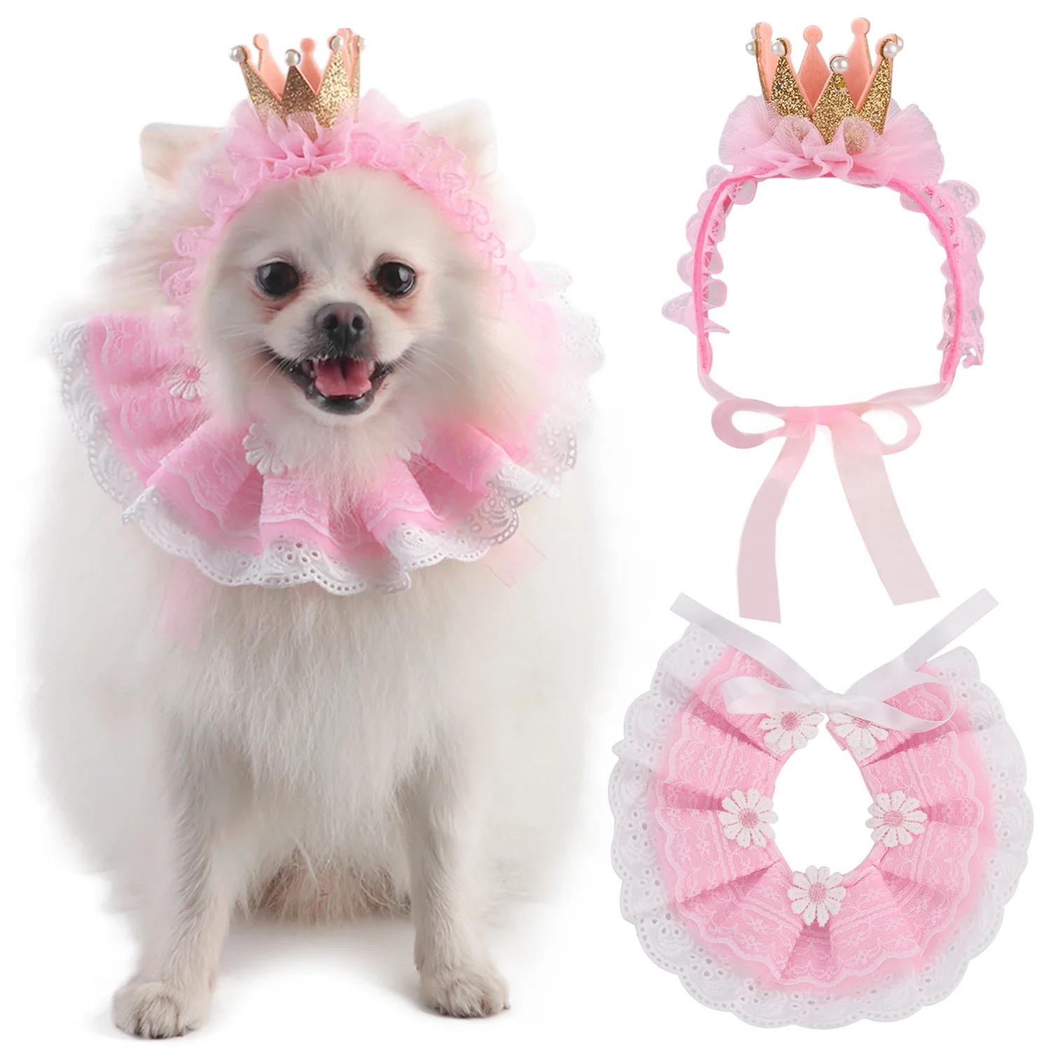 

Fashion Dog Hat Cute Crown Lace Pet Headband Dogs Hat With Pet Bib Clothing Accessories Pet Dress Up Supplies Elegant Cat Hat