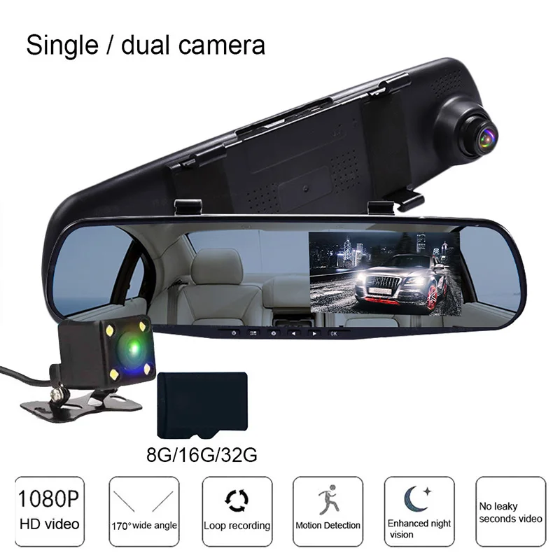 Фото Автомобильный видеорегистратор TOSPRA с двумя объективами зеркало заднего вида Full