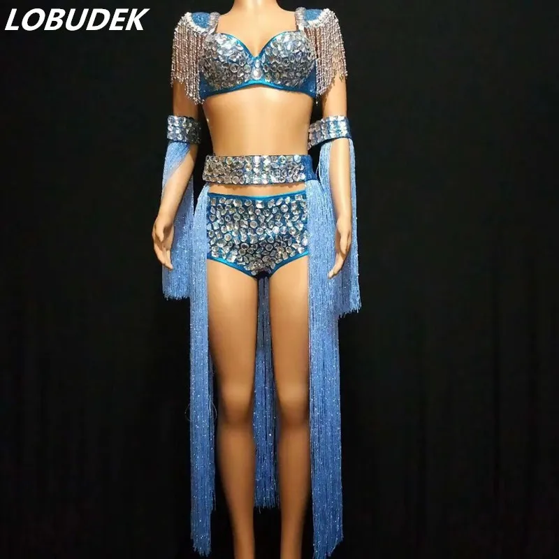 

Sparkly Big Rhinestones Blue Tassels Bikini Shorts 4 Pieces Set Women DJ Singer Dance Outfit Bar Party Show Sexy Crystal Costume