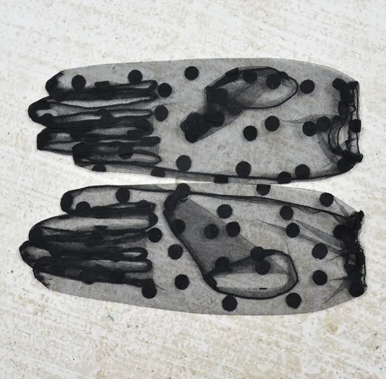 Женские прозрачные сетчатые перчатки R1909 черные вечерние с принтом в горошек для