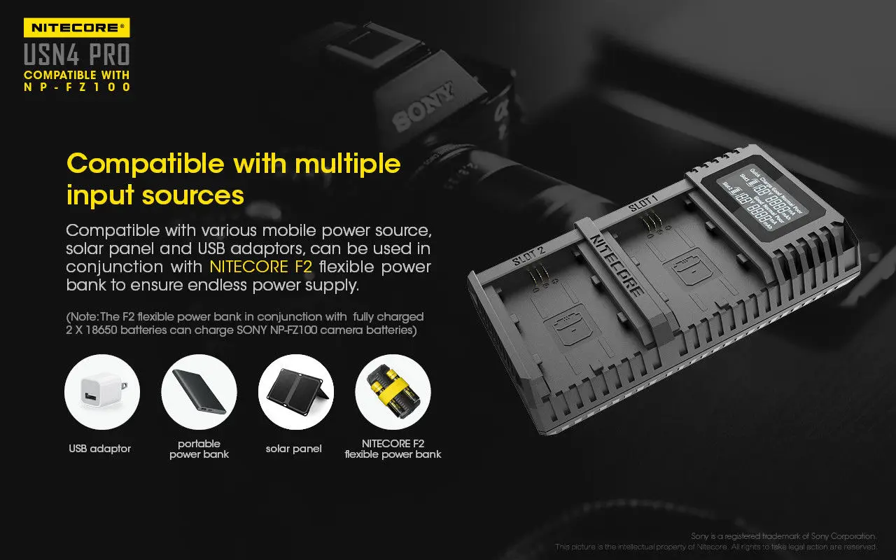 Цифровое Зарядное устройство Nitecore USN4 PRO с двумя слотами для фотоаппаратов Sony NP-FZ100