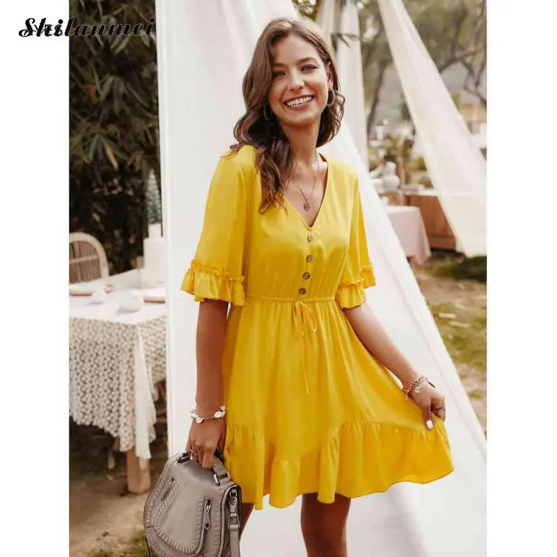 Yellow Sexy Mini Dress Women 2020 Button Drawstring Casual V Neck Ruffles Holiday Party Beach Sundress Retro Vestidos | Женская одежда