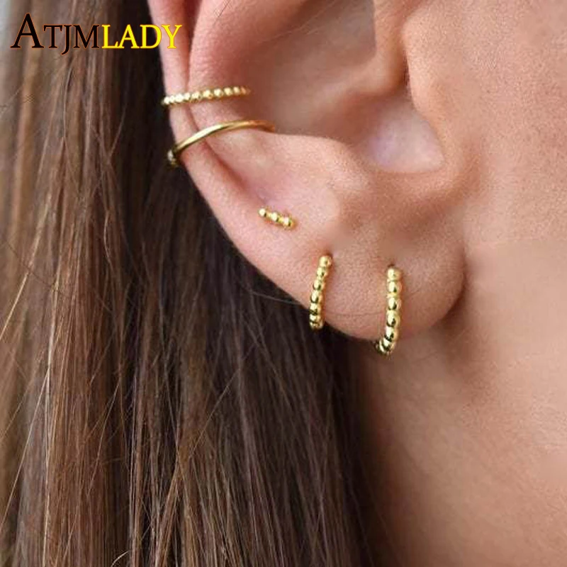 Минималистичные круглые серьги кольца без фианита с бусинами и маленьким