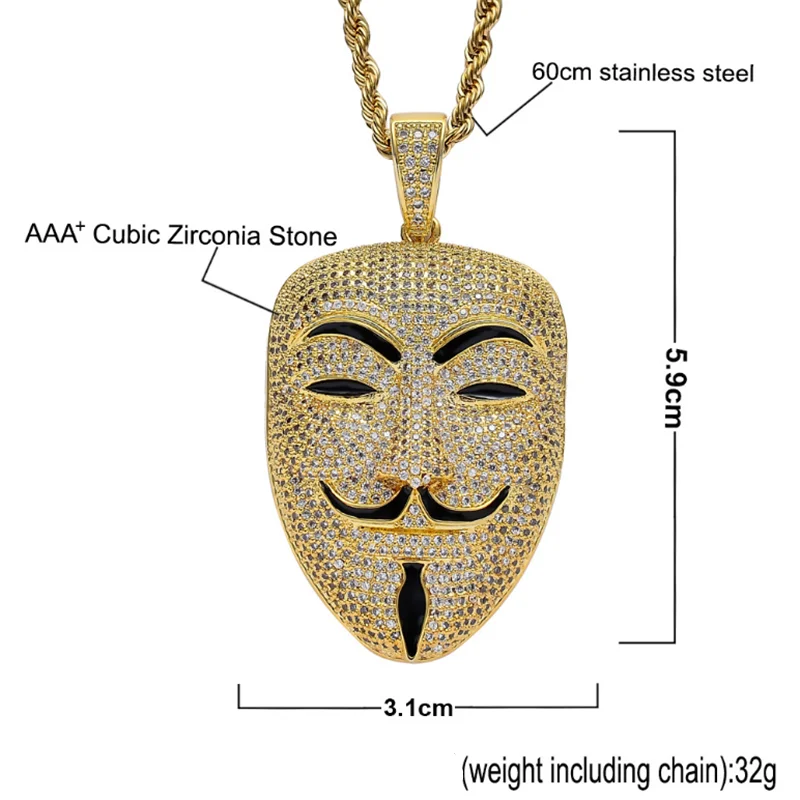 Стразы ожерелье AAA кубический циркон маска кулон хип-хоп цепочка Роскошные