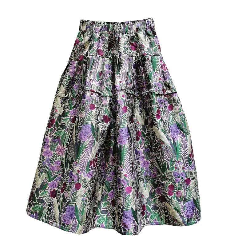 

Falda acampanada con estampado de flores para mujer, falda elstica de cintura alta, estilo coreanoP66 de primavera y verano