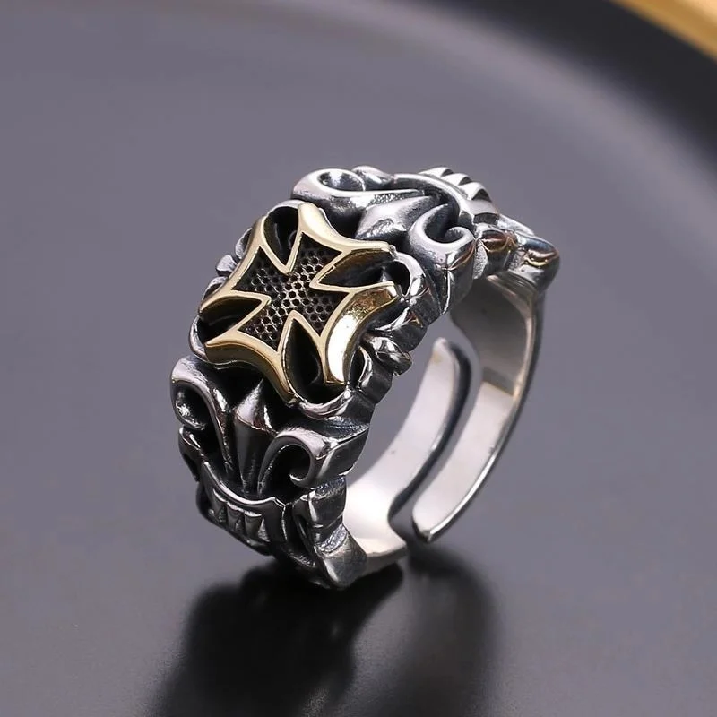 New Vintage Silver Cross Men's Live Mouth Personality Fashion Trend Adjustable Ring Trend Domineering Men's Jewelry