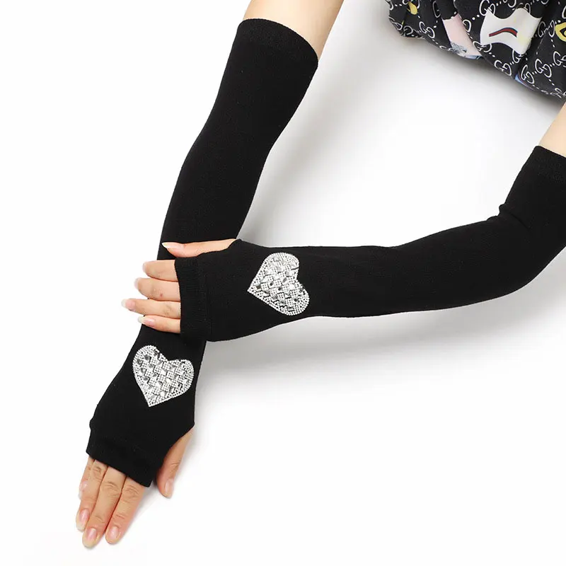 Женские черные длинные вязаные теплые варежки с полупальцами для вождения