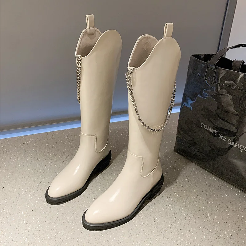 2021 New High Boots Knee-high Pu Boots High Heels For Women Fashion Shoes Chain platform Motorcycle boots  Slip On Chunky Heel