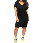 Карманами, платье-рубашка, женская летняя повседневная размера плюс, однотонные, Клубное, вечернее платье, черного цвета с v-образным вырезом с коротким рукавом средней длины платье Robe Femme