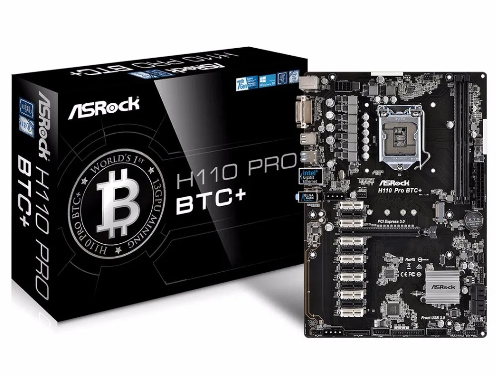 ASRock H110 PRO BTC+ 1151 Материнская плата 2400 МГц 4 SATA3 1 M.2 (SATA3) Выход видео DVI Поддерживает 13 графических карт.