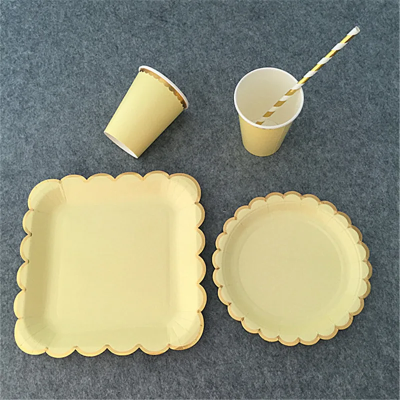 8 комплектов цельная желтая Фольга для детского душа посуда бумажные тарелки