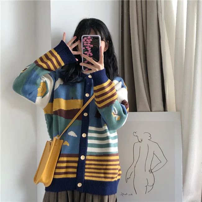 Весенняя новинка Женская трикотажная куртка кардиган с круглым вырезом Ретро