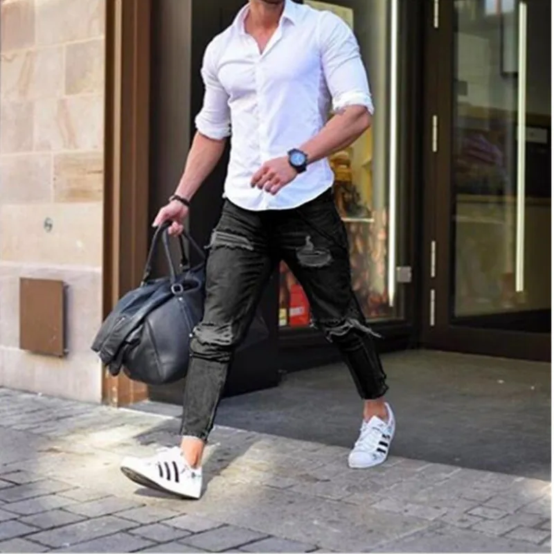 Europe  America Men's Ripped Jeans Sexy Cool Stree Style Fashion Denim Pants Slim Frayed Casual Pants Trousers Biker Jeans