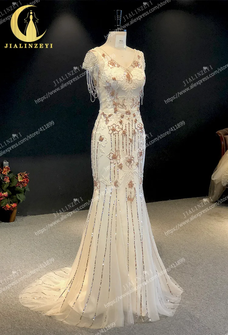 Rhine real Pictures V neck with Gold beads Mermaid Prom dresses arabic evening dresses long