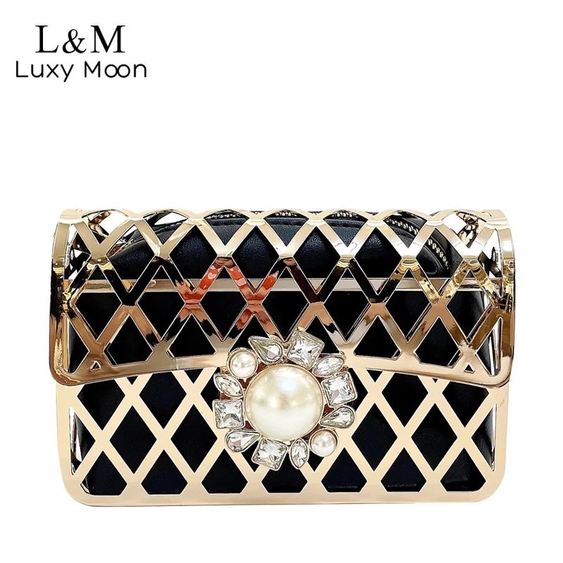 

Metal Hollow Women Bag Cage Clutch Bag Pearl Diamond Banquet Party Evening Bag Luxury Purse And Handbag Shoulder Chain Bag X813H