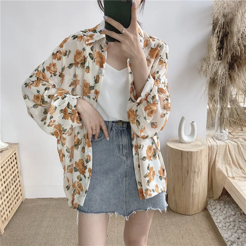 

Осень 2021, женская рубашка Hzirip с длинным рукавом, винтажная шифоновая модная однобортная свободная дизайнерская Солнцезащитная кофта с цвет...