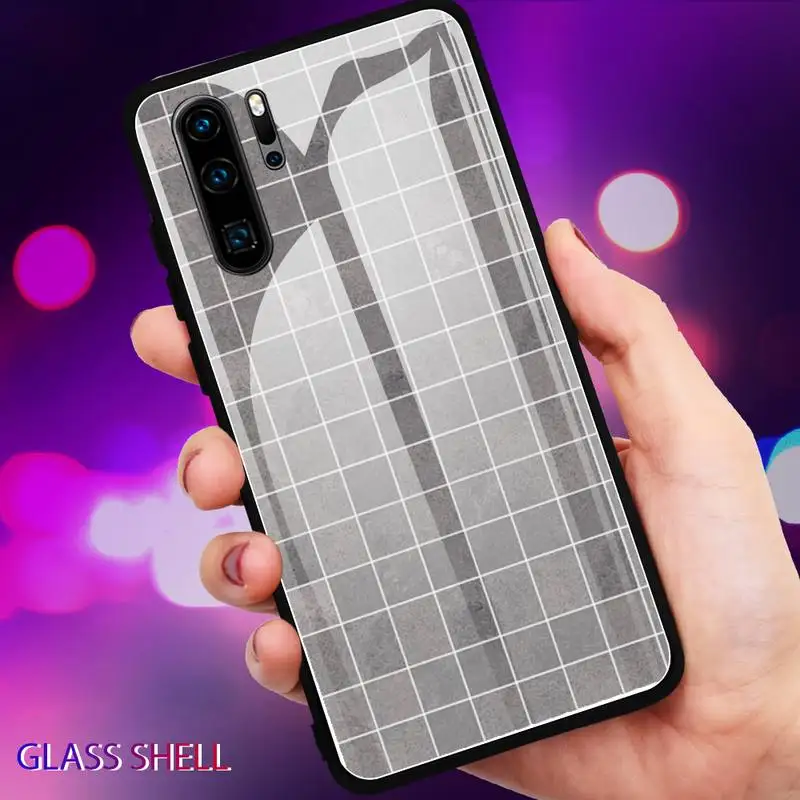 

Plaid Checkerboard grid Black Phone Case For Huawei P9 10Plus 20PRO P30 Lite Back Cover Tempered Glass Cases For NOVA 3E Series