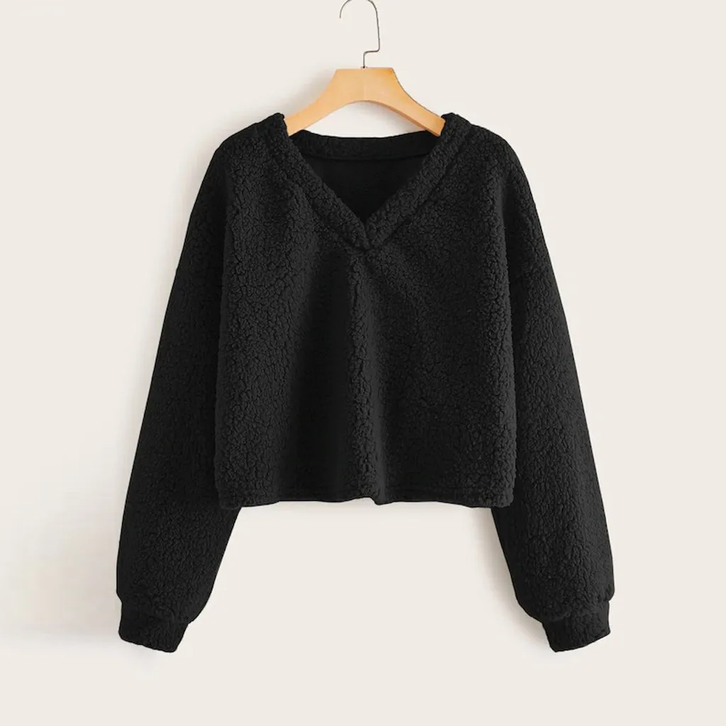 Kawaii moletom feminino sudadera mujer Модный свитшот Женский Повседневный свободный длинный рукав однотонный свитшот с v-образным вырезом