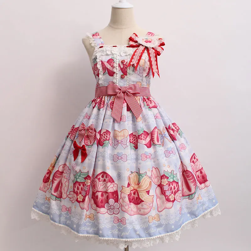 Крем и клубника~ сладкий Лолита печатных JSK платье w. Значок от Alice Girl~ предварительный заказ