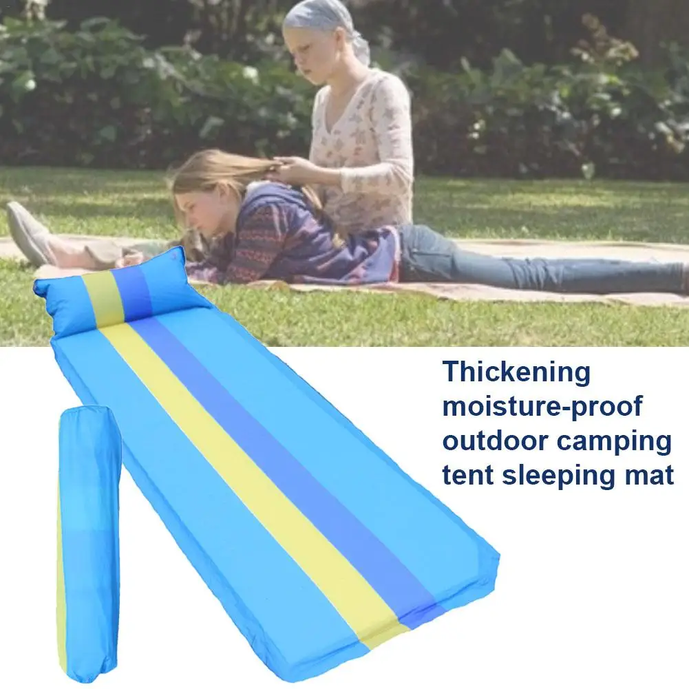 

Single-person automatic inflatable cushion thickened moisture-proof outdoor camping tent sleeping mat blue stripes