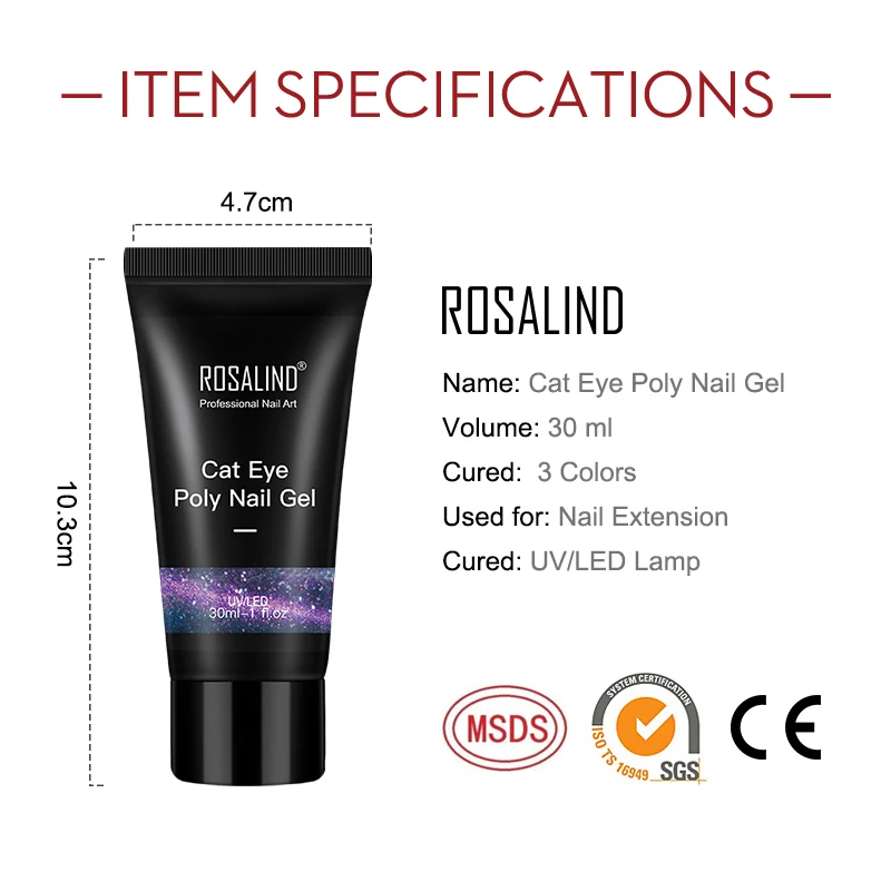 

ROSALIND Poly Nail Gel Vernis Semi Permanent Shiny Cat Eye Crystal Acrylic Extension Builder Varnishes Quick Nail Gel 15ml/30ml