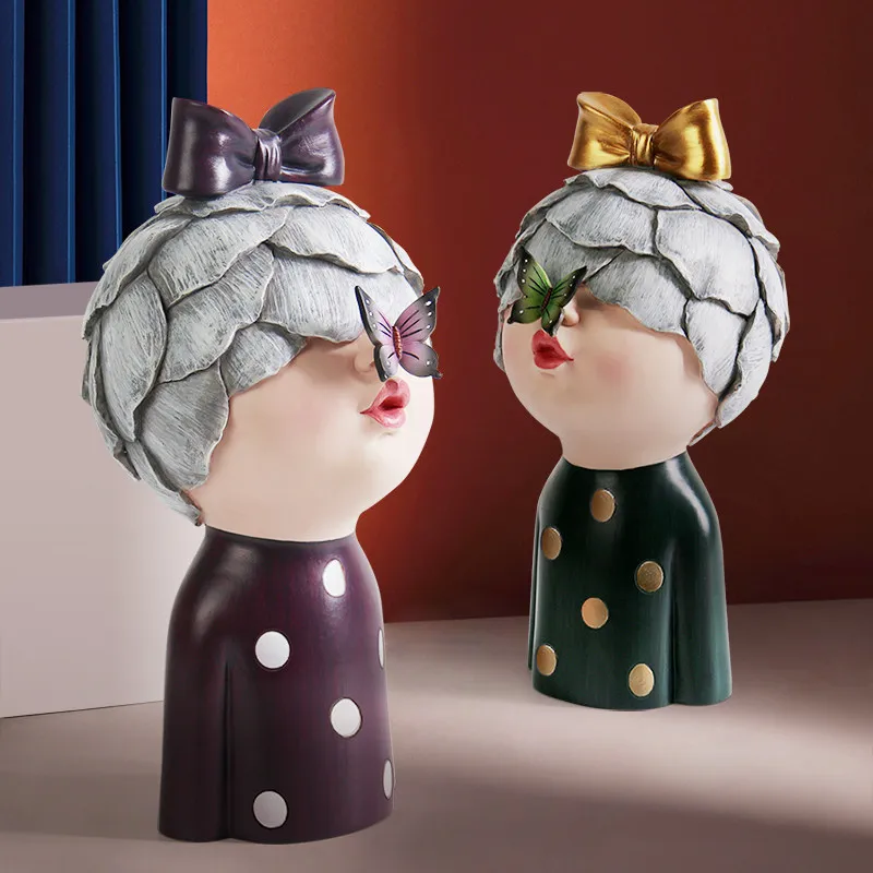 Modern Flower Head Butterfly Girl Resin Accessories Desktop Coffee Table Sculpture Decoration Home Livingroom Figurines Crafts | Дом и сад