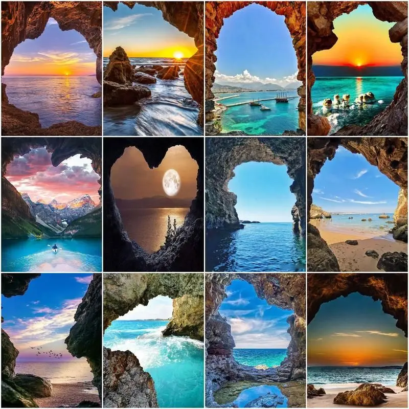 

CHENISTORY Painting By Numbers Cavern Landscape Handpainted Kits Drawing Canvas DIY Oil Pictures By Numbers Seascape Home Decor